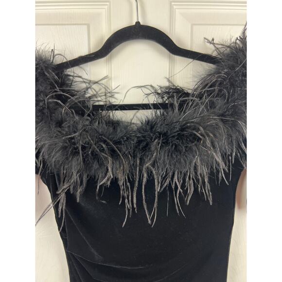 XSCAPE Womens Black Feathered Unlined Elbow Sleeve Sheath Velvet Ruched Dress 8 - Picture 3 of 10